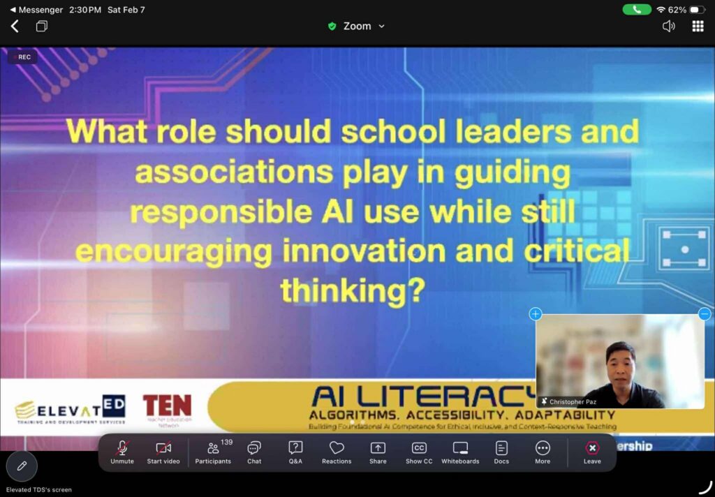 Presentation slide from the AI literacy webinar showing a reflective question about the role of school leaders in promoting responsible and accountable AI use in education.