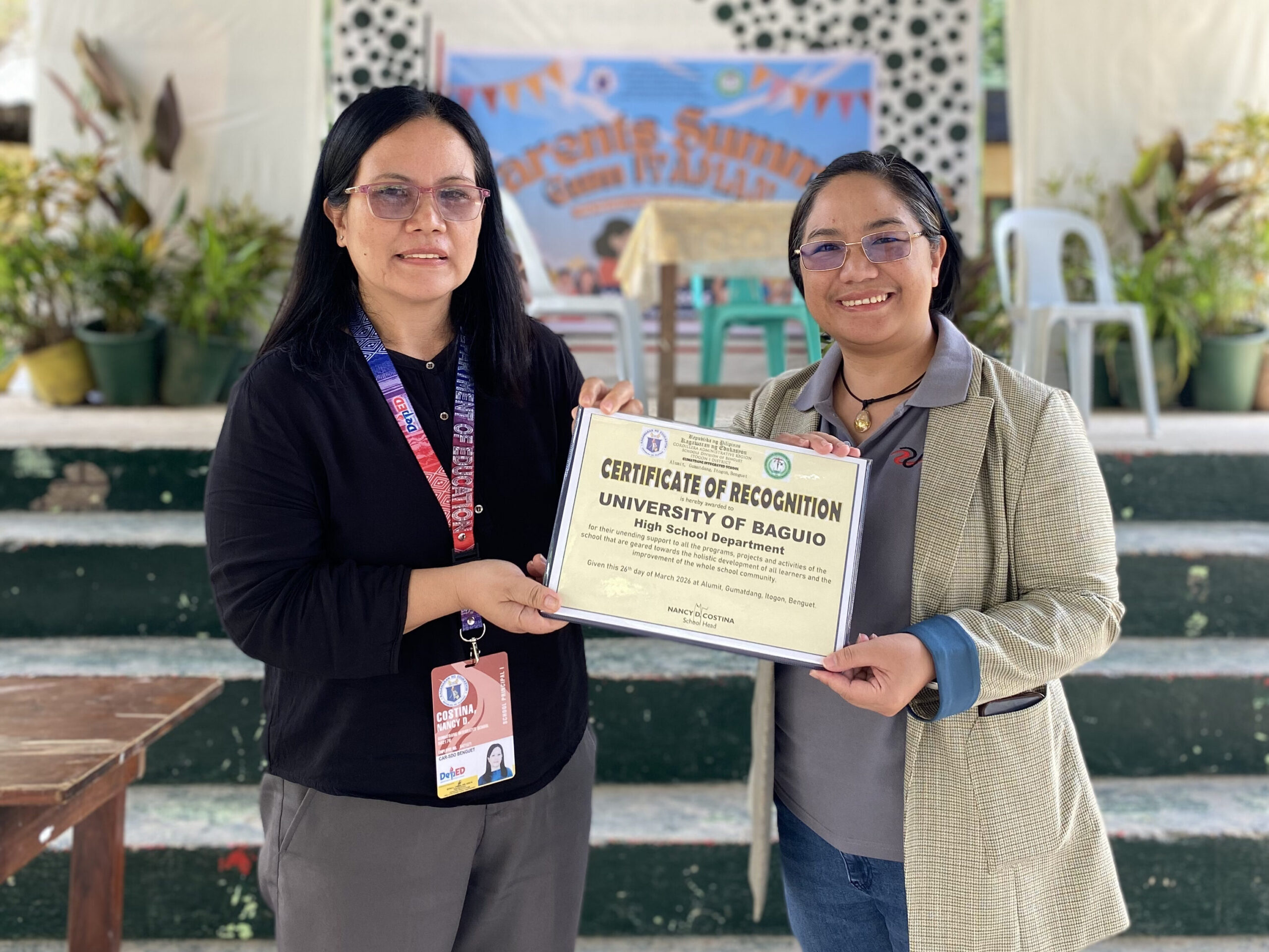 The MOA signing ceremony was attended by key officials from both institutions. Representing the University of Baguio was UBHS Principal, Dr. Violeta F. Apiles while Gumatdang Integrated School was represented by its Principal, Ms. Nancy D. Costina.