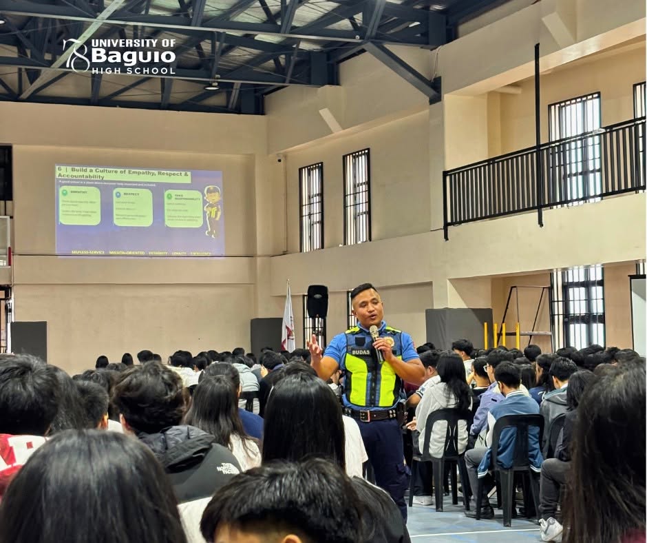 Resource speaker from the Baguio City Police Office delivers a session to UBHS students.